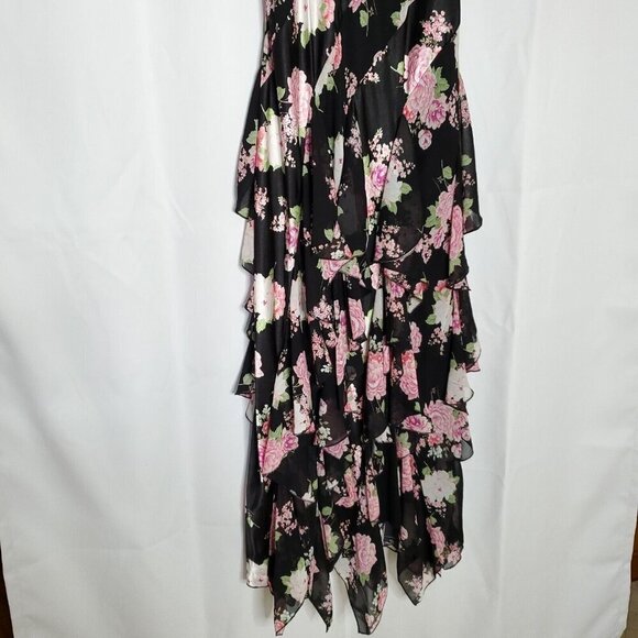 Floral Babydoll Slip Dress M Black Pink Satin Long Maxi Chiffon Ruffles Fairy - Picture 4 of 9